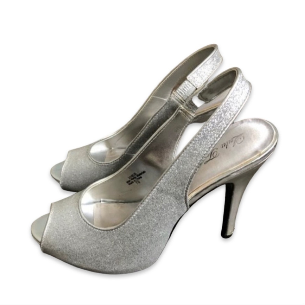 Lulu Townsend Silver Sparkle Slingback Peep-Toe Heels Women's 7.5